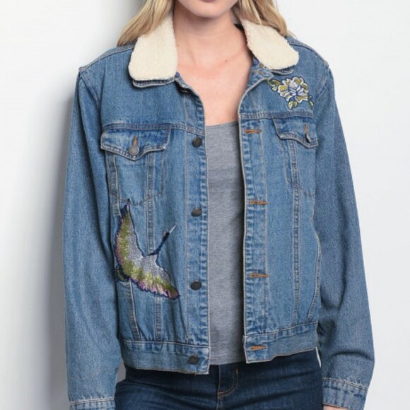 ASOS Lunik Fleece Lined Denim Jacket Embroidered Med Blue Wash Size S M or L - Picture 1 of 13